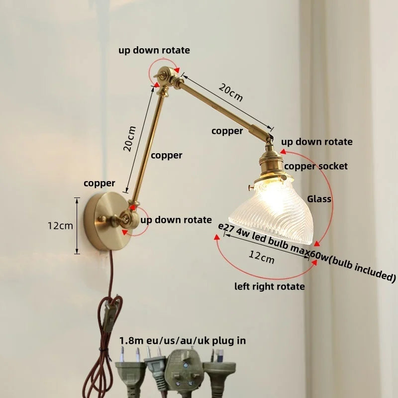 DecorBites™ Brass LED Wall Light Fixture Rotatable Glass Stair Lamp