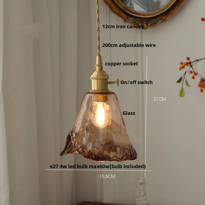 DecorBites™ Brass Knob Switch LED Pendant Light, Nordic Amber Glass Hanging Lamp