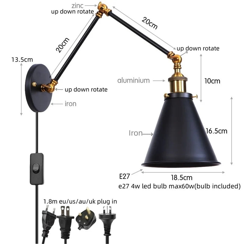 DecorBites™ LED Long Arm Wall Lamp with Pull Chain Switch for Home Hotel Bathroom