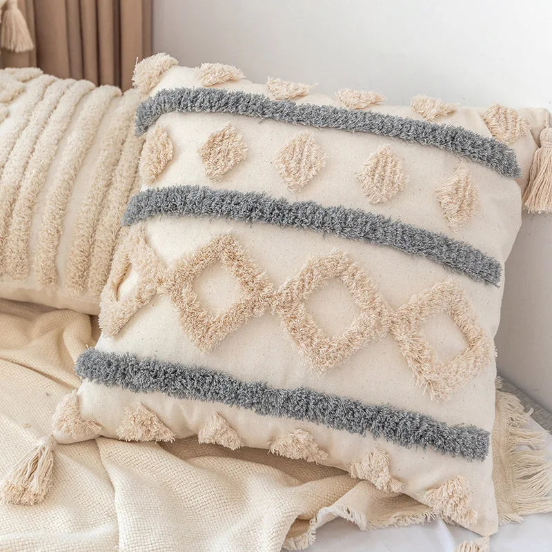 DecorBites™ Boho Square Pillowcase with Embroidery & Tassel Detail for Living Room Sofa