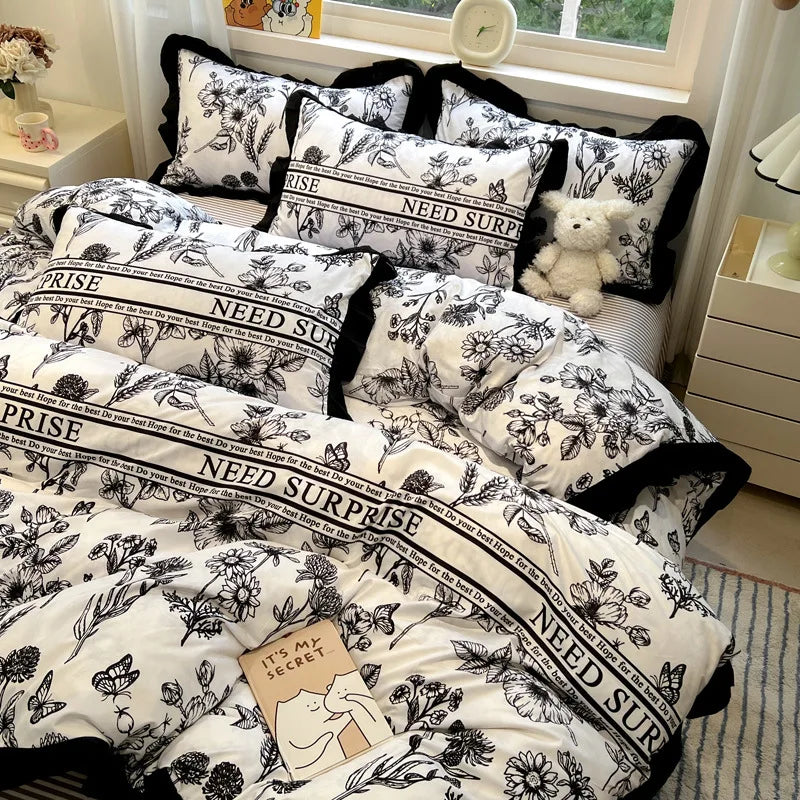 DecorBites™ Korean Black White Hepburn Style Bedding Set with Lace Fitted Sheet Set