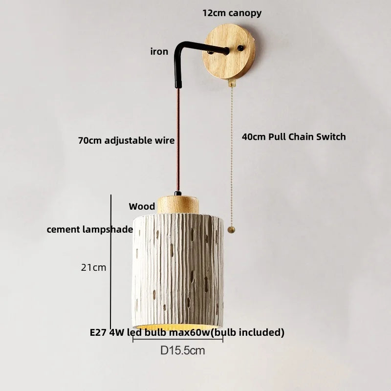 DecorBites™ Japanese Style LED Wall Light Cement Bedside Lamp with Pull Chain Switch