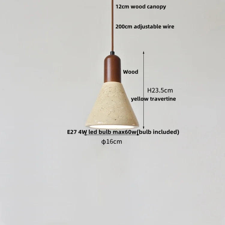 DecorBites™ LED Wood Canopy Pendant Lights Yellow Travertine Stone Hanging Lamp