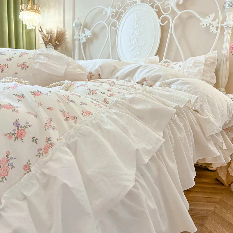 DecorBites™ Cotton Floral Print Bedding Set with Pleat Lace Ruffles, 4-Piece Ensemble