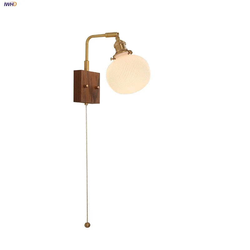 DecorBites™ Globe Ceramic Walnut Wood Wall Light with Pull Chain Switch and Rotatable Design