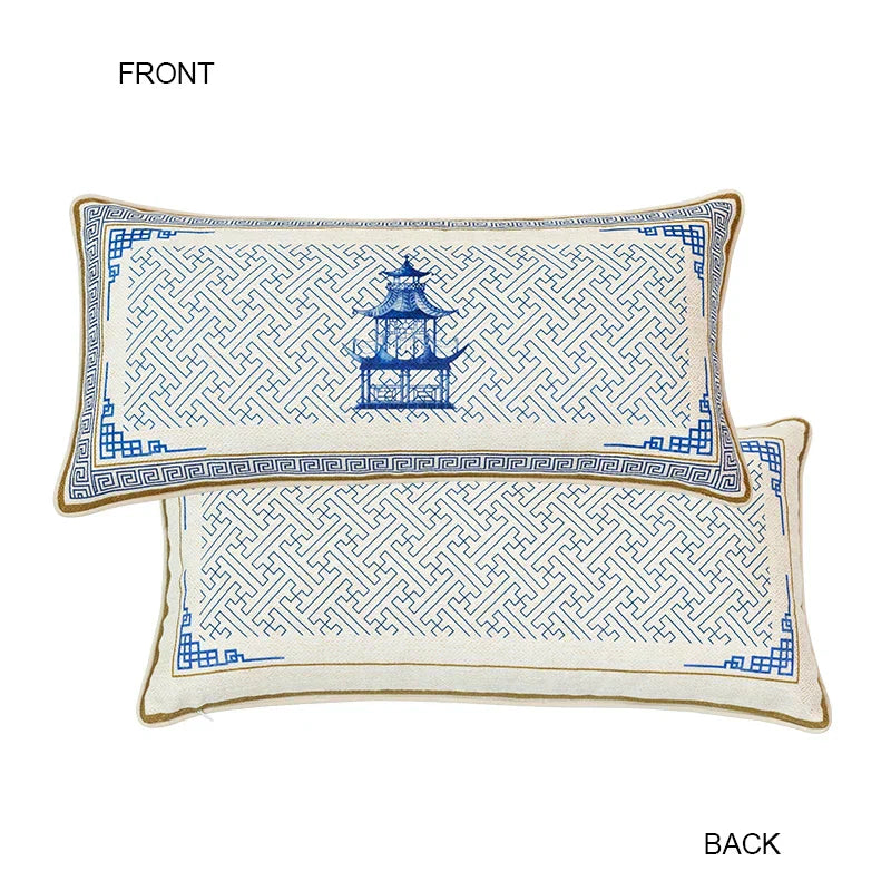 DecorBites™ Blue Chinoiserie Home Pagoda Bolster Pillowcase 30x65 Luxury Cushion Cover