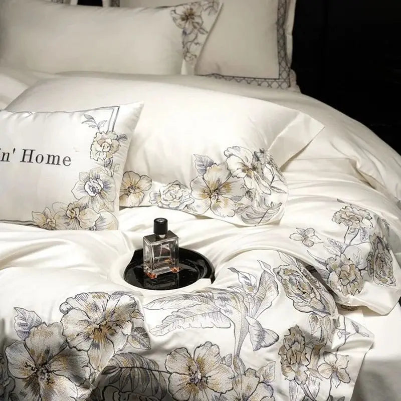 DecorBites™ Luxe Embroidered Cotton Bedding Set: Duvet Cover, Pillowcases, Flat Sheet