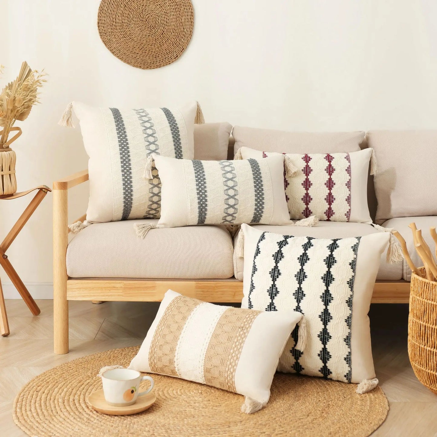 DecorBites™ Boho Tassel Cushion Cover: Geometric Woven Crochet Pillowcase