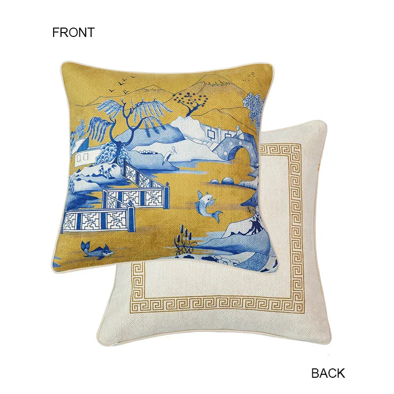 DecorBites™ Blue Chinoiserie Home Pagoda Bolster Pillowcase 30x65 Luxury Cushion Cover