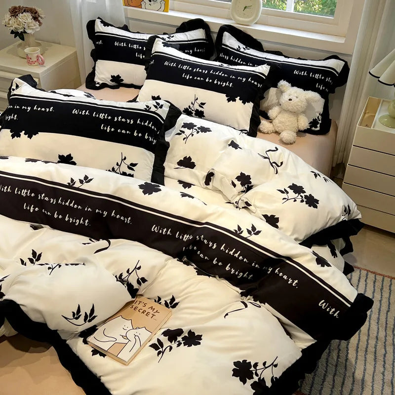 DecorBites™ Korean Black White Hepburn Style Bedding Set with Lace Fitted Sheet Set
