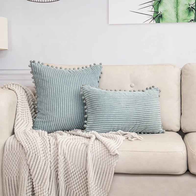 DecorBites™ Beige Striped Cushion Cover with Pom Pom Detail Lumbar Throw Pillow Case