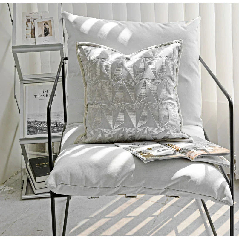 DecorBites™ Conical Geometric Embroidery Cut Velvet Pillow Cover Silver Luxe Square Cushion