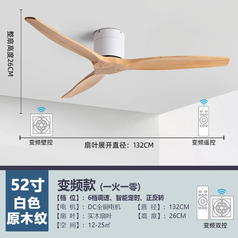 DecorBites™ 52 Inch Brushed Luxury Ceiling Fan with DC Motor, 3 Wood Blades, Remote Control