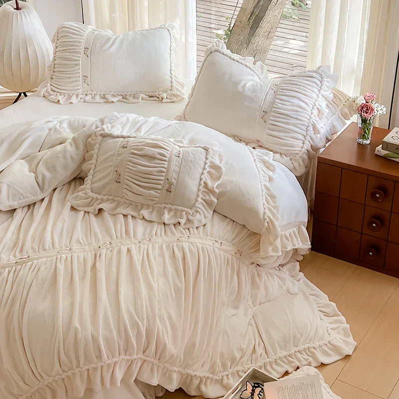 DecorBites™ French Pleat Lace Ruffles Bedding Set, Velvet Fleece Duvet Cover, Embroidered Flowers