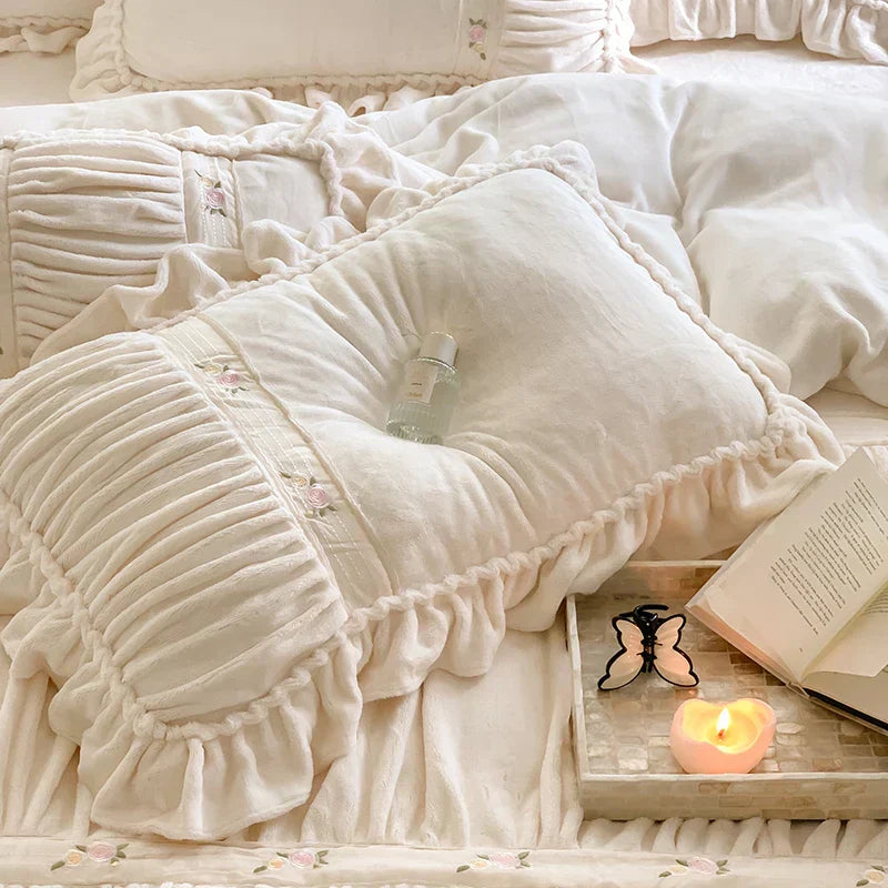 DecorBites™ French Pleat Lace Ruffles Bedding Set, Velvet Fleece Duvet Cover, Embroidered Flowers
