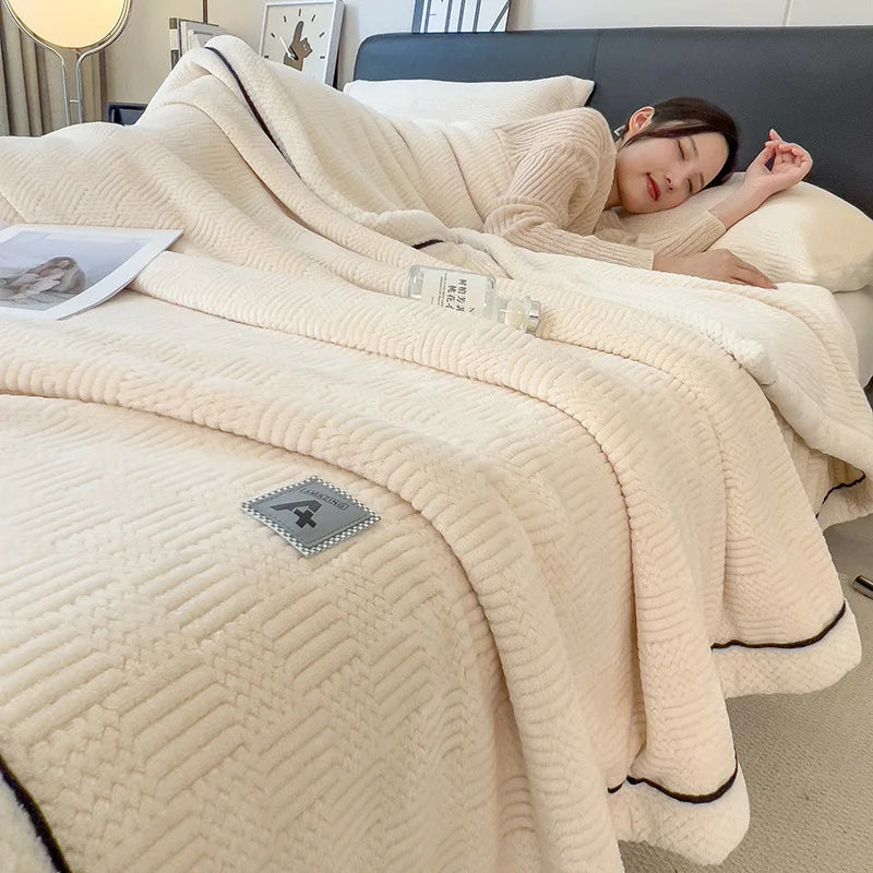 DecorBites™ Cozy Jacquard Plush Blanket - Soft Coral Fleece - All-Season - European Solid Stripes