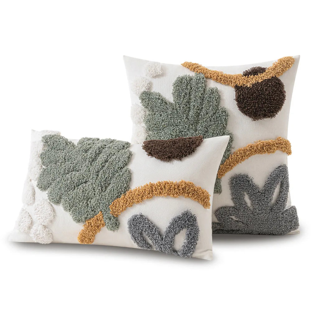 DecorBites™ Leaf Embroidered Boho Tufted Cotton Canvas Cushion Cover for Sofa Living Room