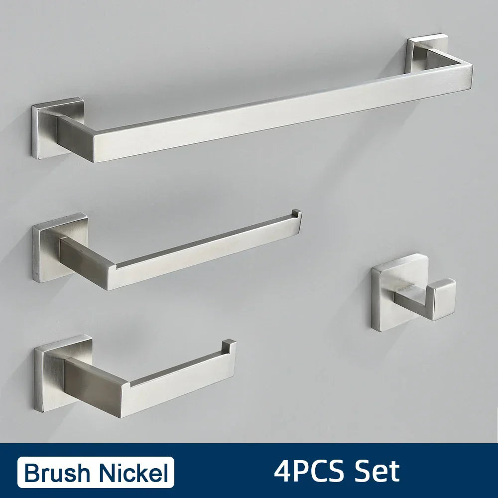 DecorBites™ Black Stainless Steel Bathroom Accessories Set: Towel Bar, Paper Holder, Hook & Bath Rack