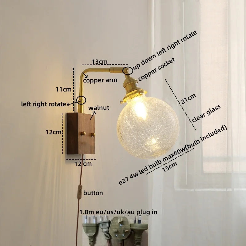 DecorBites™ Clear Glass LED Wall Sconce Walnut Copper Modern Stair Light Fixtures