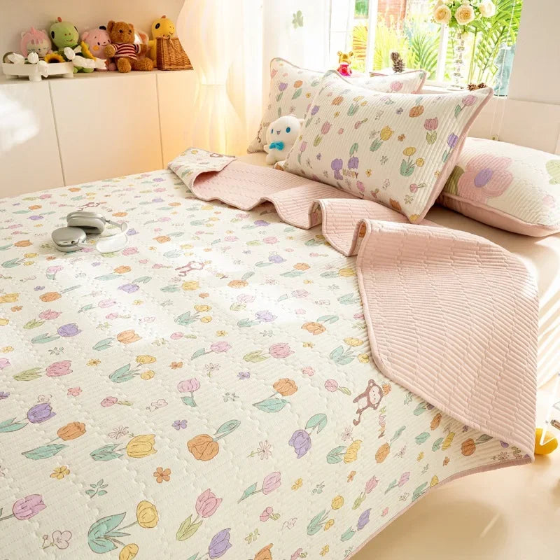 DecorBites™ Cartoon Print Foldable Bed Cover Set | Cotton Quilted Cushion Mat