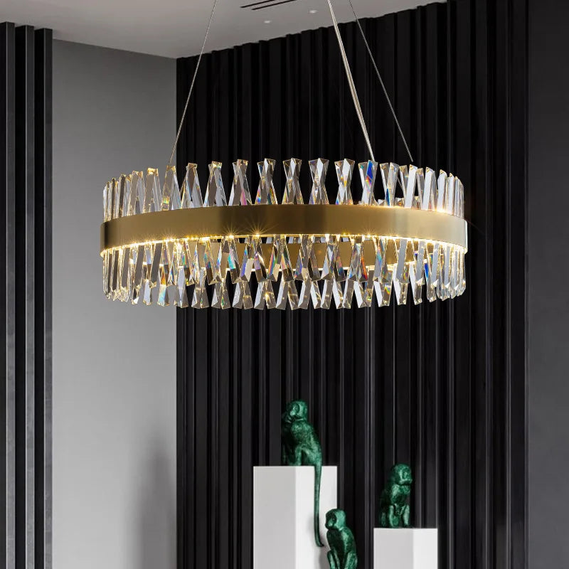 DecorBites™ Golden Round Crystal Chandelier LED Ceiling Light for Living Room and Bedroom