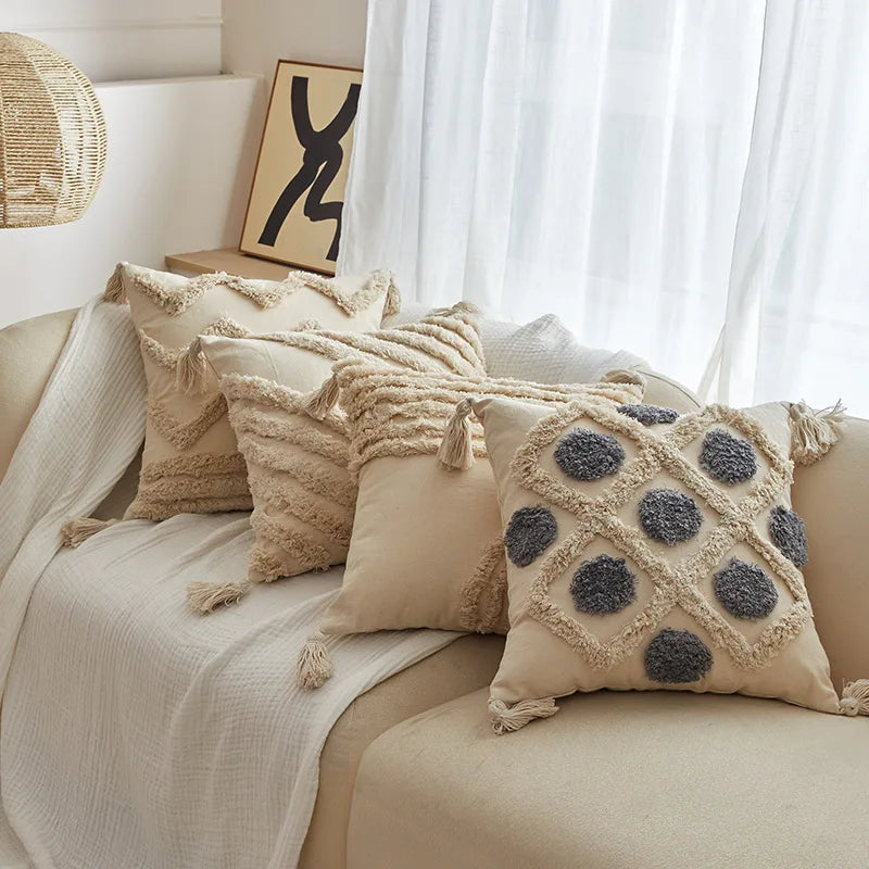 DecorBites™ Geometric Tufted Tassel Cushion Cover Cotton Canvas Fall Pillow Cover