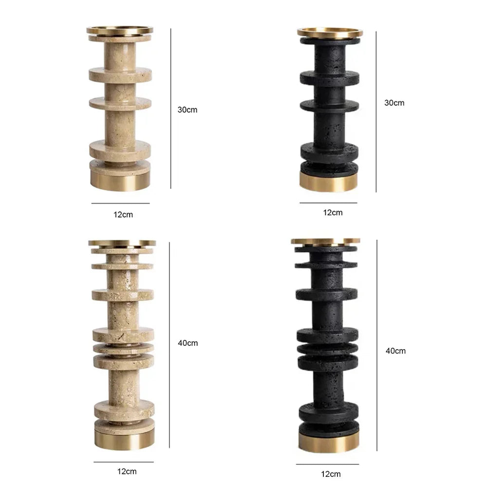 DecorBites™ Beige Brown Travertine Marble Candle Holder with Metal Base