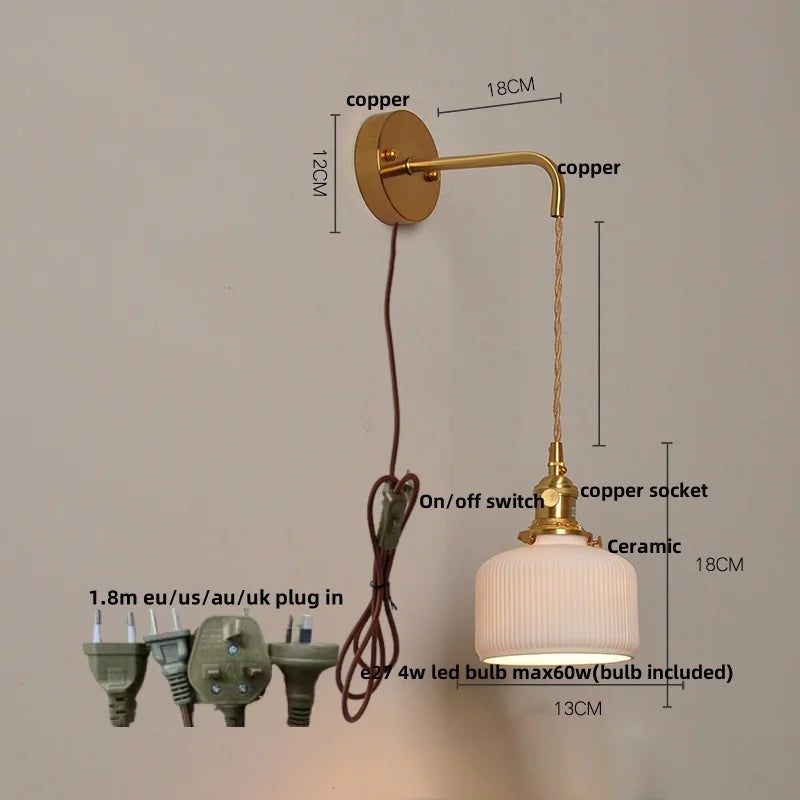 DecorBites™ Ceramic Copper Wall Light Fixture with Pull Chain Switch, E27 LED, Modern Nordic Design