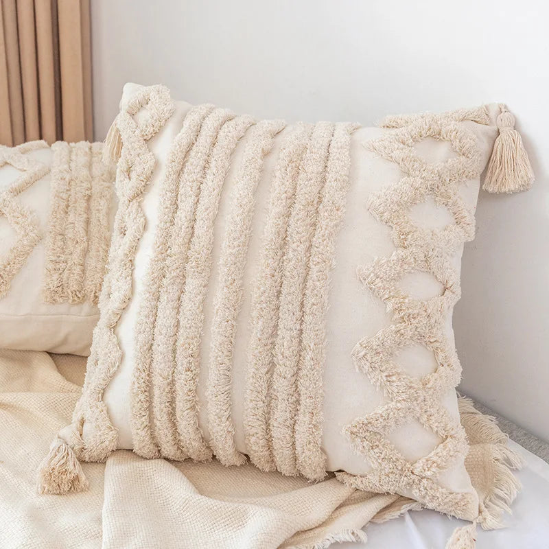 DecorBites™ Boho Square Pillowcase with Embroidery & Tassel Detail for Living Room Sofa
