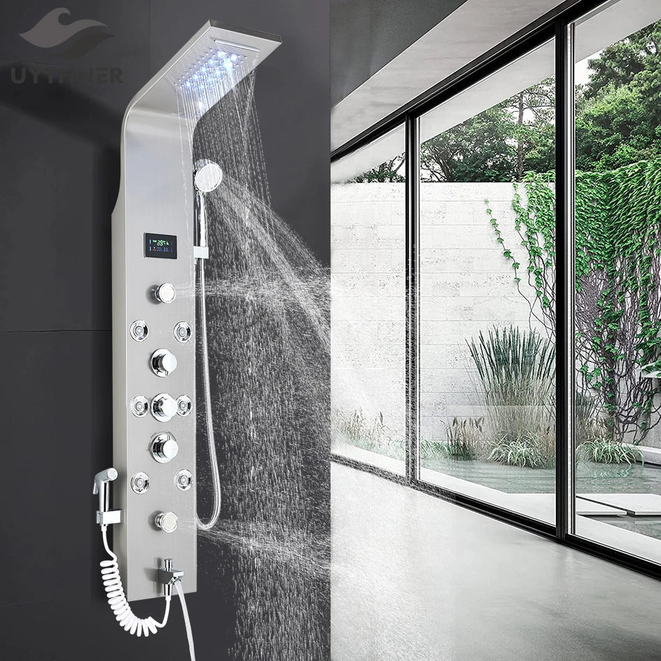 DecorBites™ LED Rainfall Shower Panel System Black/Brushed Finish