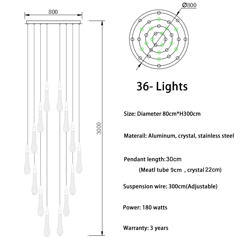 DecorBites™ Crystal Tear Drop Chandelier for Staircase, LED Pendant Light in Gold - Indoor Decor