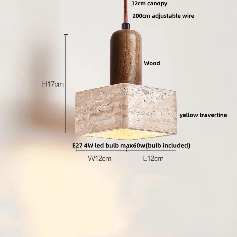DecorBites™ LED Wood Canopy Pendant Lights Yellow Travertine Stone Hanging Lamp