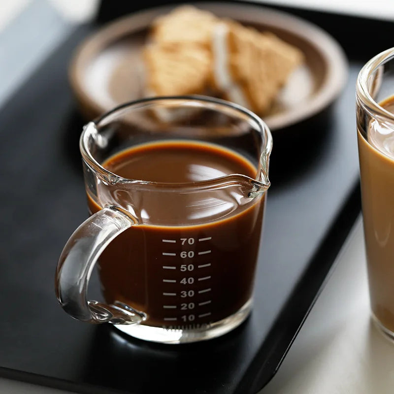 DecorBites™ Espresso Glass Cup with Wooden Handle & Measuring Cup Milk Latte Jug