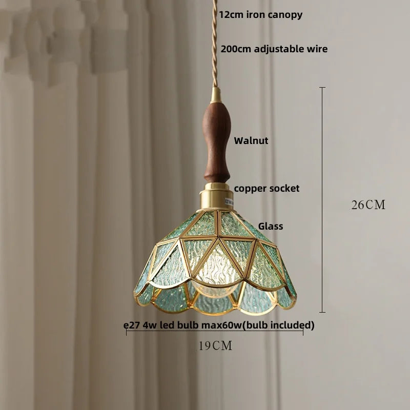 DecorBites™ LED Wood Walnut & Green Glass Pendant Light - Nordic Modern Style