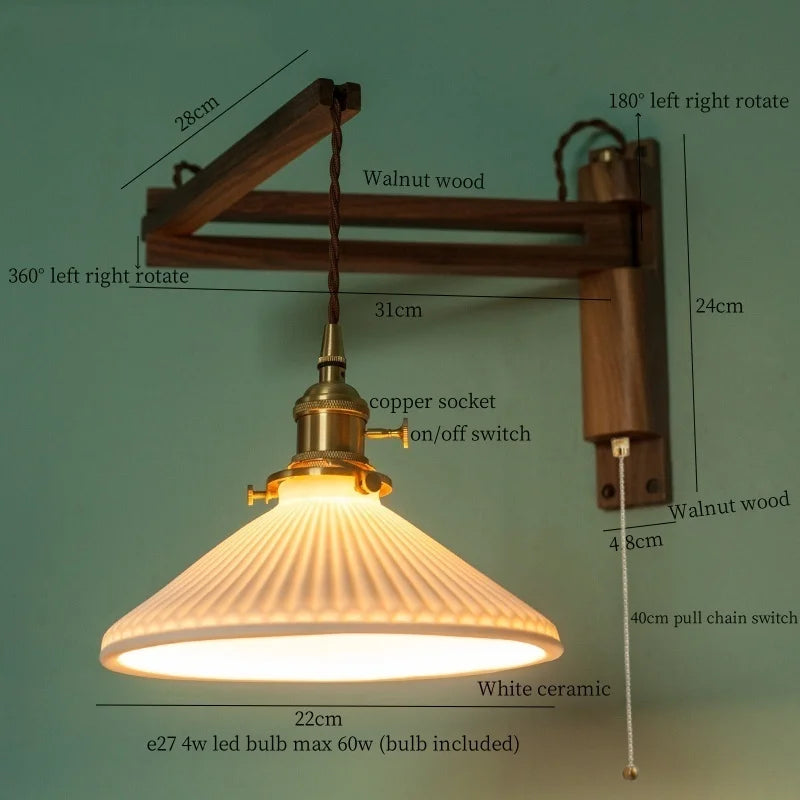 DecorBites™ Ceramic LED Wall Sconce Walnut Wood Copper Pull Chain Switch Light