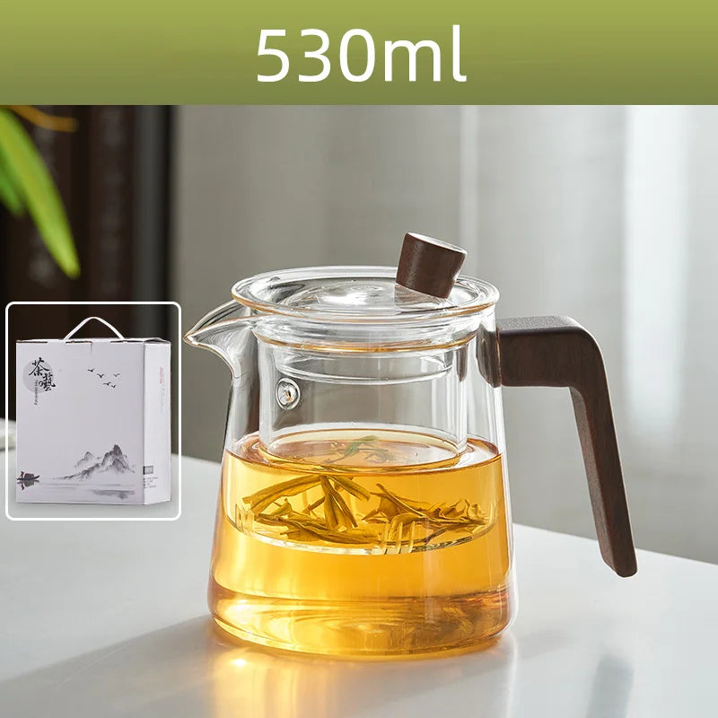 DecorBites™ Glass Teapot Wood Handle Set - Chinese Tea Ceremony, High Boron Silicon Pot