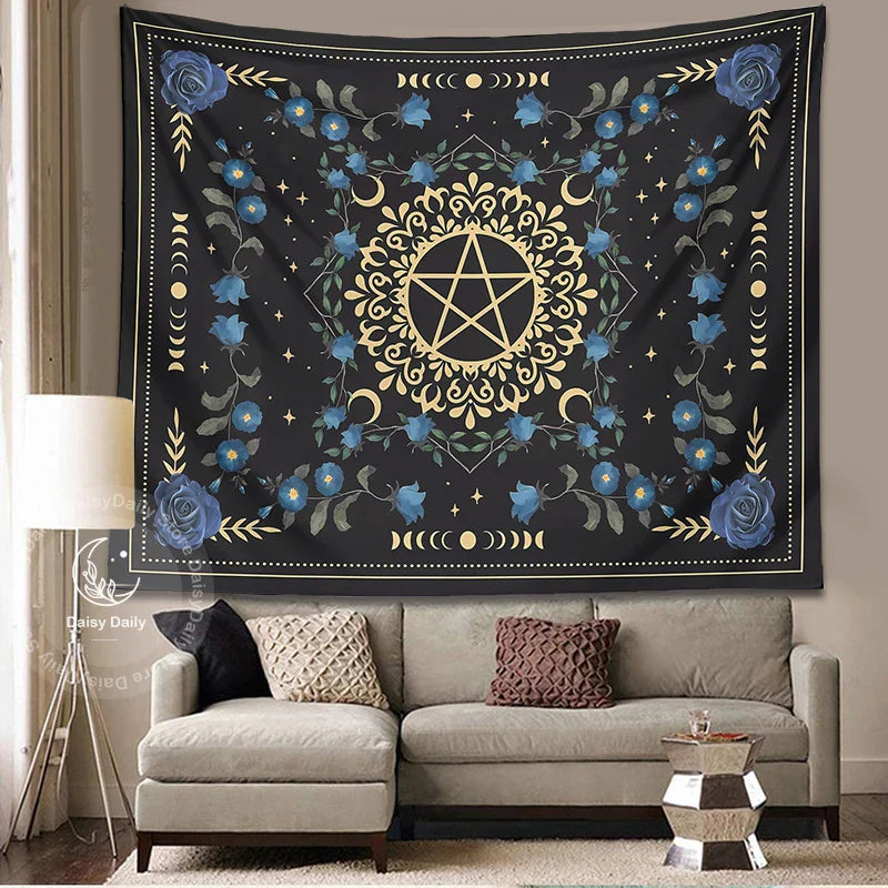 DecorBites™ Blue Rose Moon Floral Tapestry Wall Hanging Botanical Tarot Mat