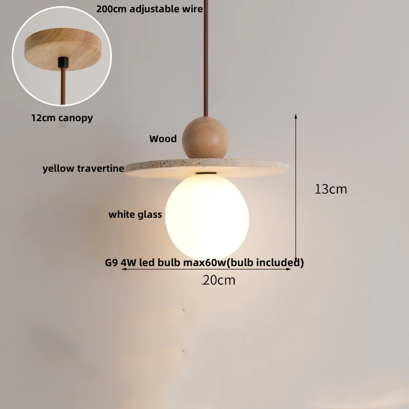 DecorBites™ LED Pendant Light: Japanese Style, Yellow Travertine Wood, Adjustable Hanging Lamp