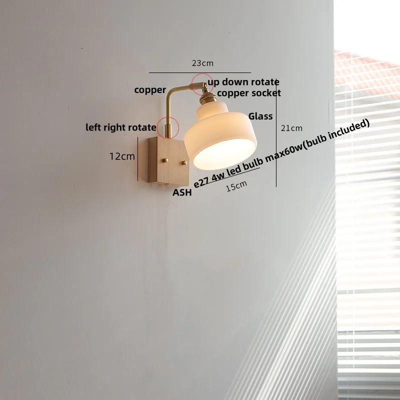 DecorBites™ Glass Pink LED Wall Sconce, Pull Chain Switch, Walnut Wood Bedside Lamp