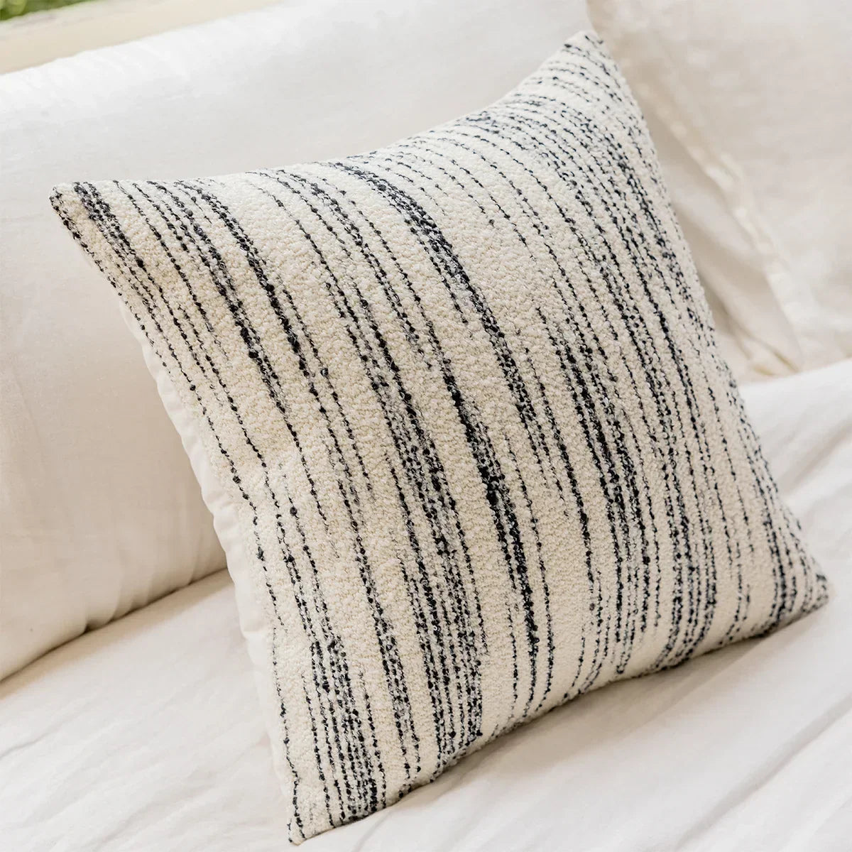 DecorBites™ Comfort Woolen Pillow Cover Beige Black Striped 45*45 Luxe Plush Home Décor