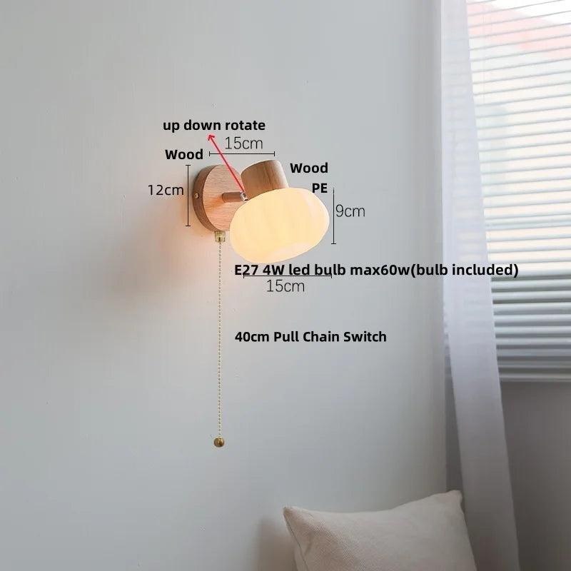 DecorBites™ Amber Glass LED Wall Sconce with Pull Chain Switch, Nordic Modern Wood Stair Light
