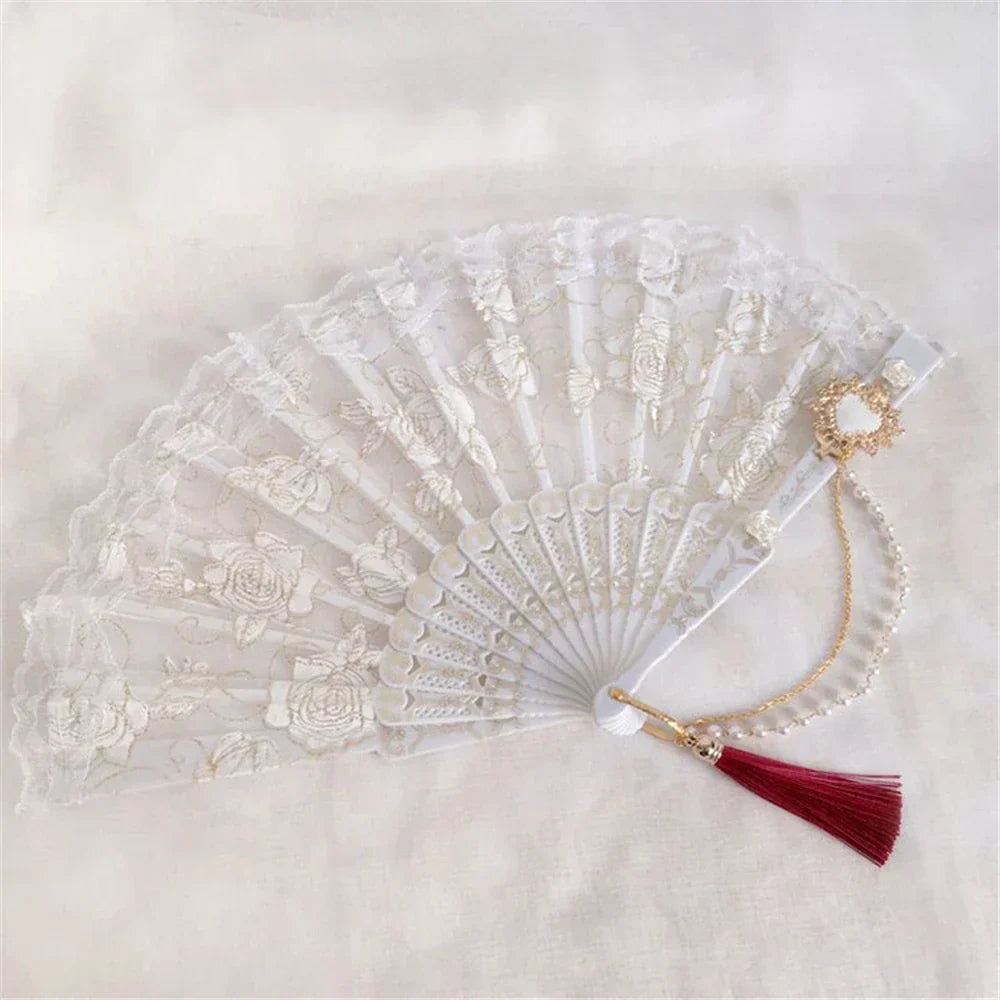 DecorBites™ Elegant Gemstone Handle Lace Fan for Dark Gothic Court Party