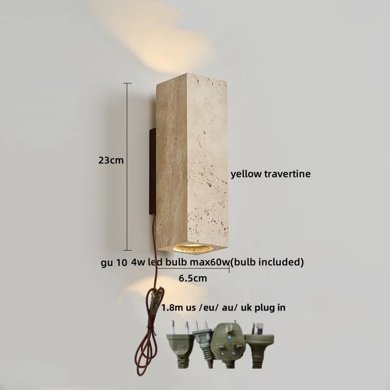 DecorBites™ LED Wall Sconce Yellow Travertine Stone Bedroom Study Cafe Wood Base Stair Light