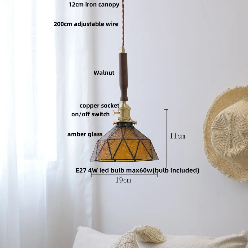 DecorBites™ LED Adjustable Pendant Light Fixture Amber Glass Walnut Wood Bar Hanging Lamp