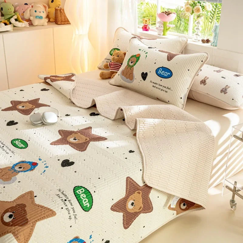 DecorBites™ Cartoon Print Foldable Bed Cover Set | Cotton Quilted Cushion Mat