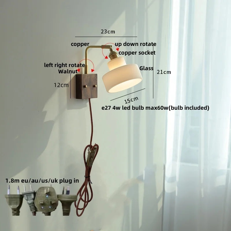 DecorBites™ Glass Pink LED Wall Sconce, Pull Chain Switch, Walnut Wood Bedside Lamp