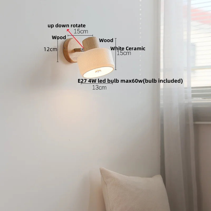 DecorBites™ Ceramic LED Wall Lights with Pull Chain Switch, Modern Wood Base Bedside Lamp