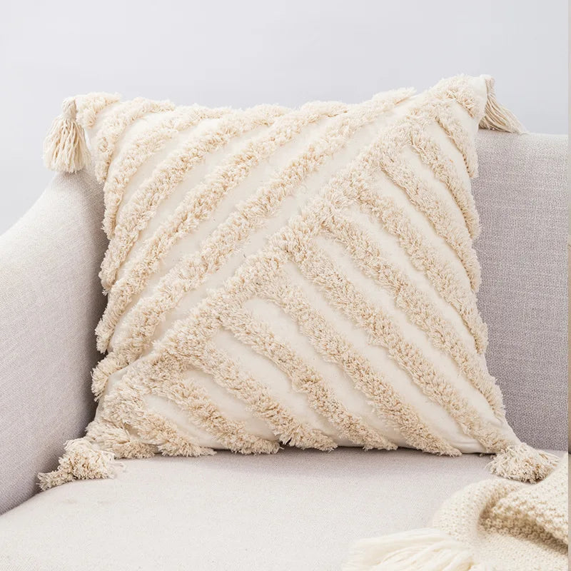DecorBites™ Boho Tufted Beige White Tassel Pillow Cover Home Decor Square Beaded Case