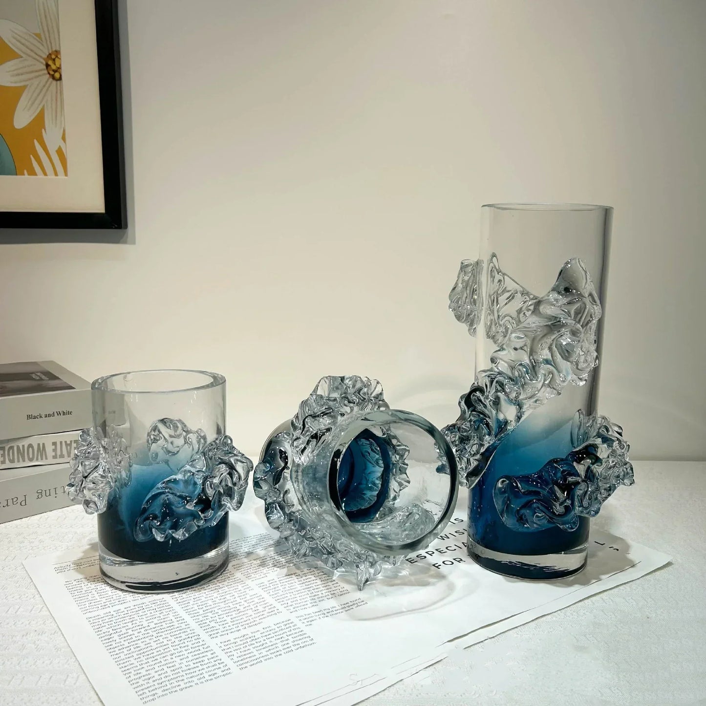 DecorBites™ Blue Gradient Wavy Glass Vase for Floral Arrangements and Room Decor