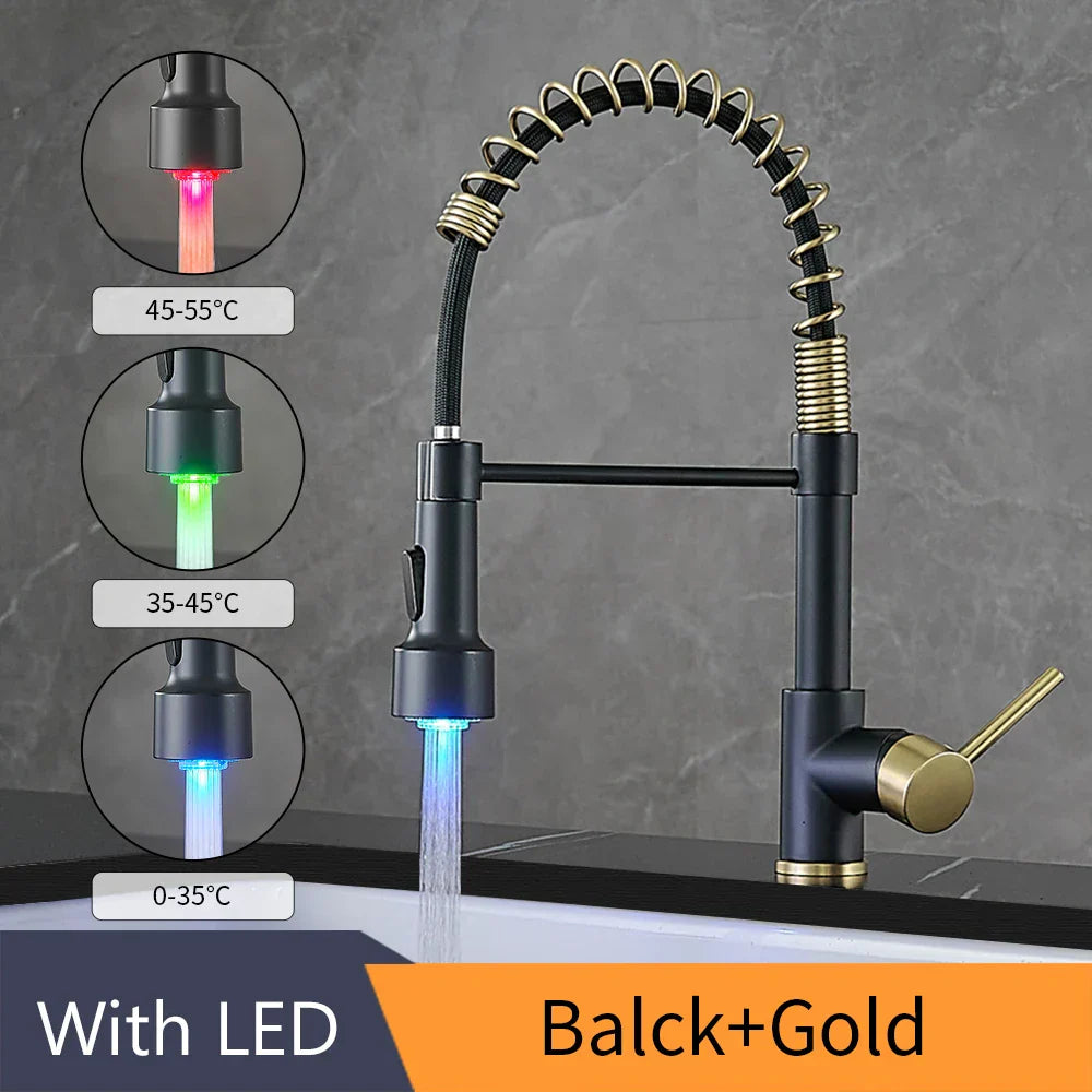 DecorBites™ Brass Spring Spout Kitchen Faucet with Single Lever Pull Down Mixer Tap